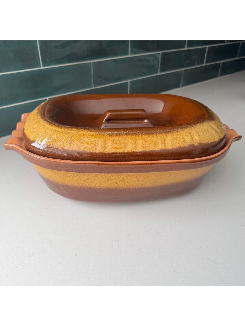 Handmade 5 Qt Glazed Clay Casserole Dish w/ Lid Greek Key Trim Earthy Brown Gold